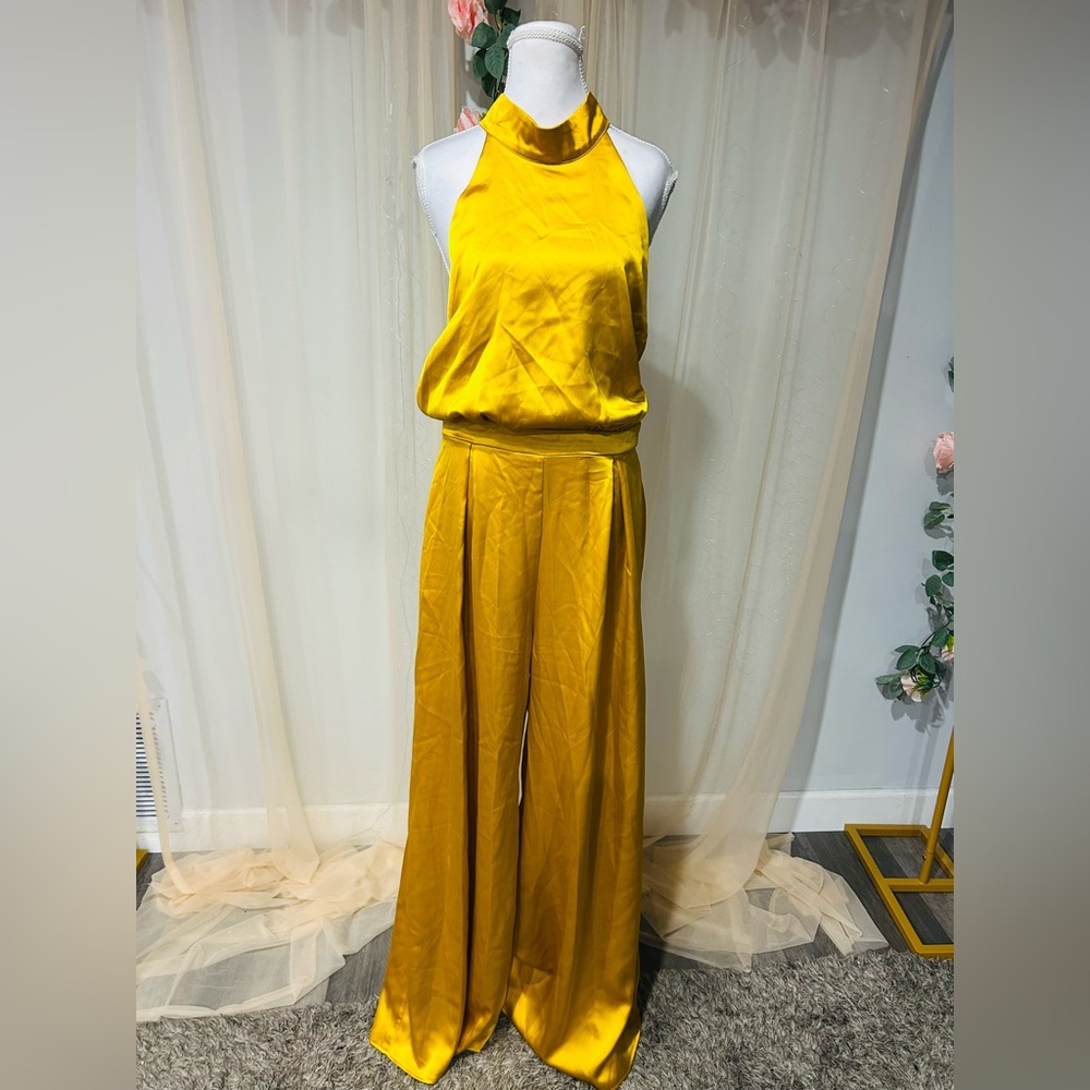 True Violet Gold Halter wide leg Jumpsuit